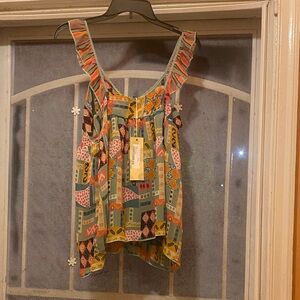 Ruffled Strap Geometric Print Tank Top - Multicolor